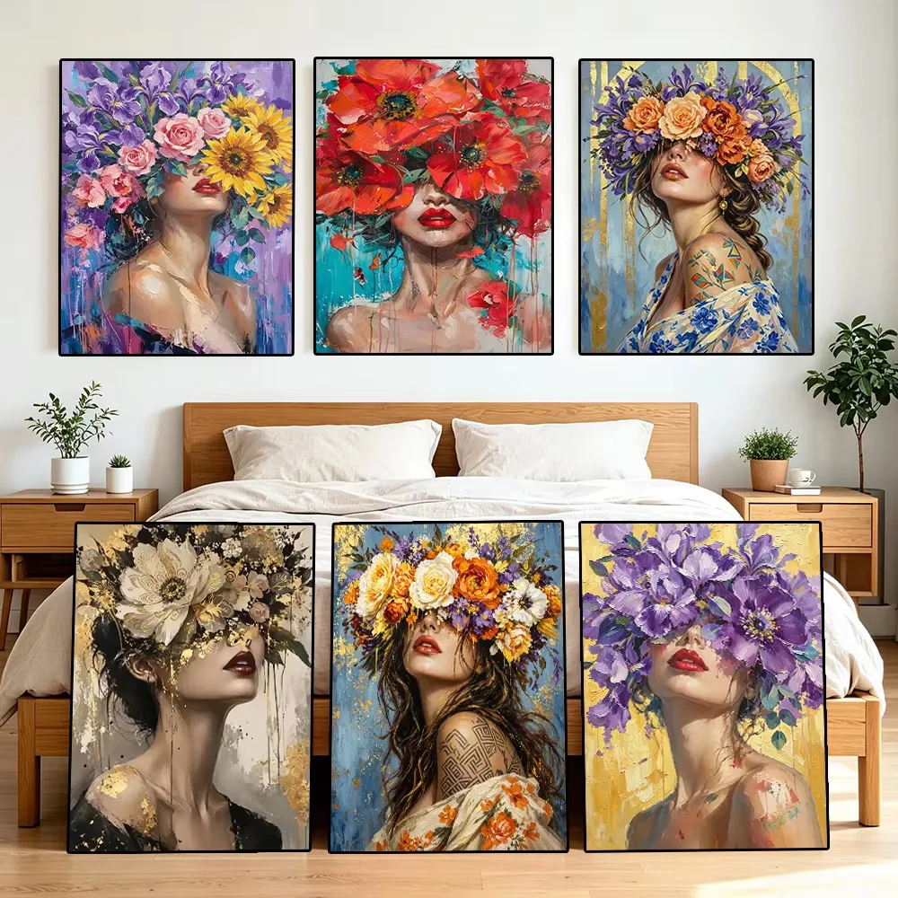 Photo Mosaic Print - لوحة ماسية تجريدية لامرأة مع زهرة،
